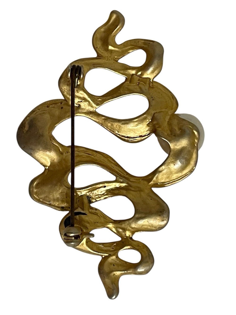 RARE Abstract modernist vintage ribbon brooch satin matte gold large faux pearl - Picture 6 of 9